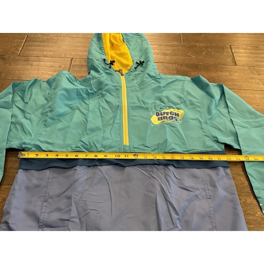 Dutch Bros Mens Blue Teal Yellow Hooded Windbreaker Retro Jacket Size M Medium